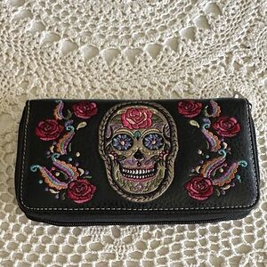 Black Embroidered Sugar Skull Wallet with Rose Accents